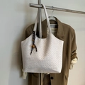 White large woven leather tote bag for women with decorative bell charm and large capacity - White With Pendant
