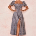 French vintage puff sleeve floral dress in dusty purple with side slit and slim fit - S / Gray