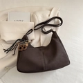 Chocolate brown suede crescent tote bag with 8-shaped wooden charm and woven tassel - With Pendant / Brown
