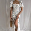 Floral puff sleeve dress in white with blue and yellow prints and high side slit - White Blue Large Floral / 3XL