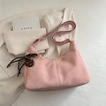 Pink matte suede hobo bag with trendy decorative charms and adjustable shoulder strap - With Pendant / Pink