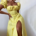 Yellow floral backless midi dress with puff sleeves and a high side slit detail - 3XL / Yellow Small Floral