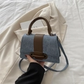 Mini blue denim and brown leather trapezoid handbag with top handle and strap - Blue