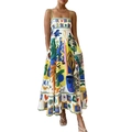 White high waist maxi dress with vibrant artistic graffiti print and thin straps - S / White Yellow Floral
