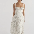 Women's floral spaghetti strap dress in white and green with a pleated square neckline - 24128 - White Background With Printed Pattern / 3XL
