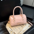 Elegant pink snakeskin pattern barrel bag with gold-tone hardware and top handles - Pink (No Charm)