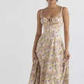 Chic light yellow floral summer dress with puff sleeves and lace-up neck detail - 24128 - Apricot Print / 3XL