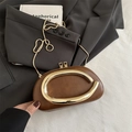 Vintage brown semi-circular evening bag with bold gold ring handle and chain - Brown
