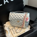 Silver quilted tote bag with gold rotary lock and decorative charms in a gift box - Silver with Charm