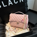 Pink quilted leather flap backpack with golden twist lock and charm in a gift box - Pink With Pendant