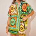 Conjunto de verano de 2 piezas para mujer con camisa de cuello y pantalón corto floral - S / Verde
