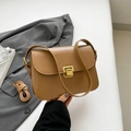 Brown leather square bag with golden metal clasp and detachable crossbody shoulder strap - Brown