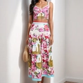 Floral print two-piece vacation set with crop top and high-waisted maxi skirt - Rose Red