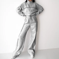 Women's grey two-piece tracksuit with black side stripes and zip-up drawstring hoodie - Light Gray