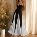 Elegant backless slim-fit maxi dress with black bodice and striped color-block skirt - 3XL / Black And White Patchwork Halter Style (28457)