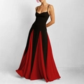 Abito lungo elegante con top nero aderente e gonna a pieghe rossa a contrasto di tendenza - 3XL / Stile Allacciato Al Collo Patchwork Rosso (28457)