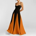 Elegant black and orange contrast sleeveless maxi dress with a flowing pleated skirt - 3XL / Black and Orange Patchwork Spaghetti Strap Style (28457)