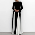 Detailansicht der kontrastreichen Nähte an dem eleganten schwarz-weißen Maxikleid - 3XL / Schwarz-Weiß Farbblock Rundhalsausschnitt Langarm Stil (28687)