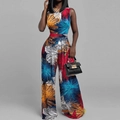 Women sleeveless wide-leg jumpsuit with vibrant multi-color abstract floral print pattern - Blue Yellow Red