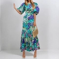 Abito lungo a fiori con maniche a sbuffo e gonna a balze per un look elegante - S / Come mostrato