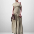 Robe longue asymétrique élégante de couleur abricot avec plis à la taille et col incliné - 2XL / Kaki