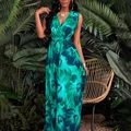 Robe longue élégante à fleurs sans manches col en V dans un décor tropical de vacances - Vert (Imprimé émeraude)