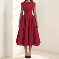 Elegant retro red midi dress with a square neckline and a flattering slim waist fit - 3XL / Burgundy