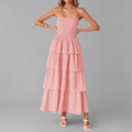Vooraanzicht van lichtroze strapless maxi-jurk met gesmokt lijfje en gelaagde rok-details - 2XL / Roze