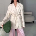 Elegant floral print blazer with waist tie and pink wide-leg trousers outfit - 29783-Apricot