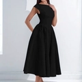 Elegant black backless slim-fit maxi dress with chic boat neck and A-line silhouette - 3XL / Solid Black