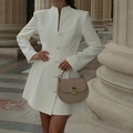 Detail of white button-down dress featuring a stand collar and elegant V-neckline - 2XL / White