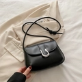 Minimalist black PU leather crossbody square bag with elegant silver U-shaped metal buckle - Black
