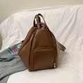 Mochila de cuero PU marrón con paneles geométricos y bolsillo delantero con cremallera - Marrón