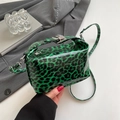 Borsa tote leopardata verde e nera in pelle verniciata con tracolla a catena d'argento - Verde