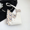 Light blue floral tulip pattern shoulder bag with quilted leather and pearl accents - White