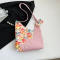Pink tulip shoulder bag featuring 3D floral accents and woven texture with pearls - Pink