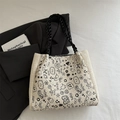 Sac fourre-tout en tricot blanc cassé avec motifs de gribouillis et anses torsadées - Sans Pendentif / Noir