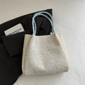 Sac cabas tissé main en crème avec motif tricoté bleu clair et poignée tressée - Sans Pendentif / Bleu