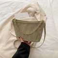 Olive green pleated tote bag with golden chain handle and adjustable fabric shoulder strap - No Pendant / Green