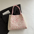 Sac fourre-tout en tricot beige avec motif léopard rose et anses tressées - Sans Pendentif / Rose