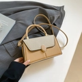 Chic two-tone crossbody bag with camel leather and beige woven texture flap - Khaki