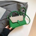 Minimalist green and beige contrast shoulder bag with top handle and round buckle decoration - Green