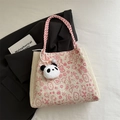 Sac cabas en maille crème avec motifs roses abstraits et breloque panda mignonne - Avec Pendentif / Rose