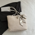 Beige woven straw tote bag with white rope handles and silk scarf detail - Off White