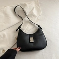 Minimalist black crescent hobo bag with silver metallic buckle and adjustable strap - Black