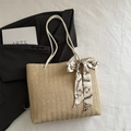 Beige straw woven tote bag with white rope handles and decorative chain print scarf - Khaki
