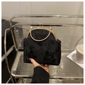 Détail du sac vintage noir à fermoir bisou avec broderie papillon et chaîne dorée - Noir