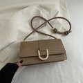 Minimalist square crossbody bag in brown woven texture with elegant gold U-shaped buckle - Khaki