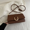 Deep brown woven leather crossbody bag with a large gold U-shaped metal buckle detail - Dark Brown