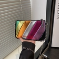 Rainbow striped chain bag in metallic PU leather with silver rivets and sleek zipper - Black